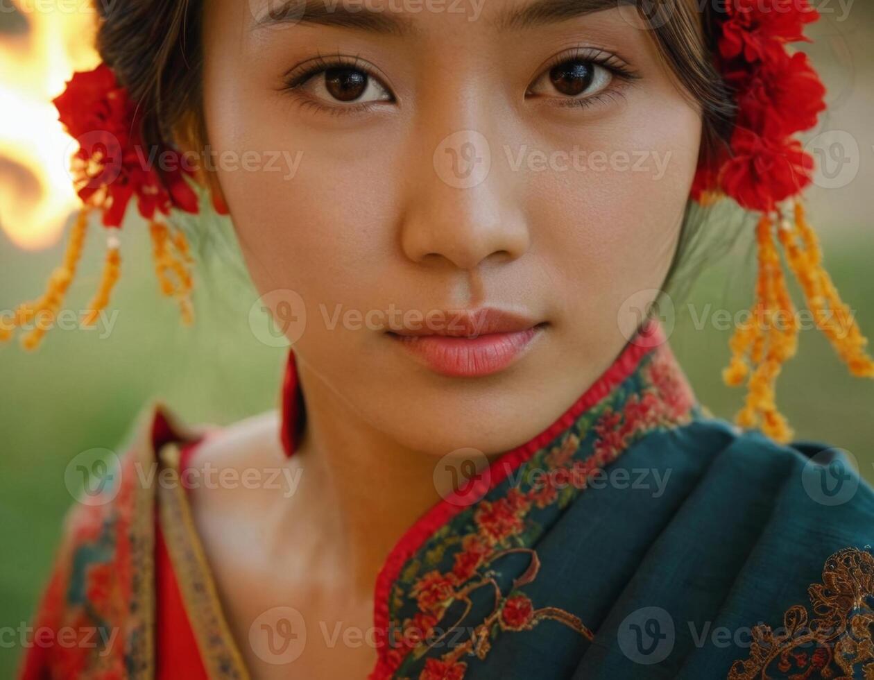 ai gerado Oriental mulher dentro uma quimono e flores dentro dela cabelo. foto