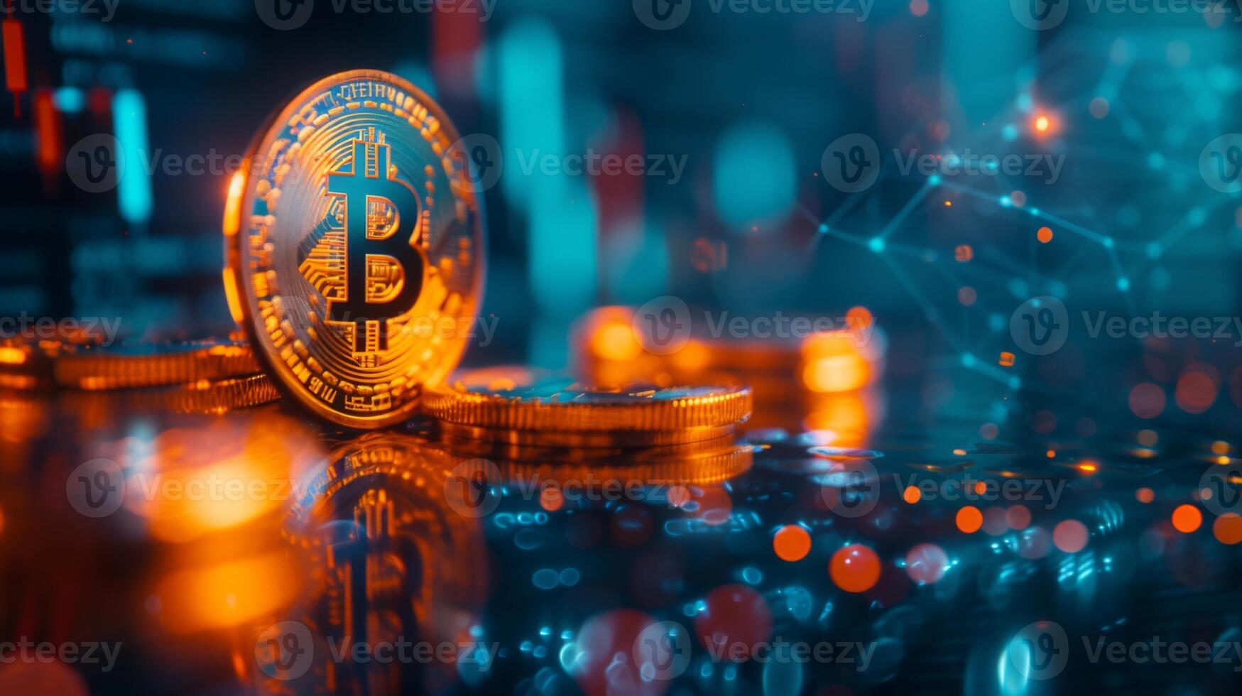 ai gerado criptomoeda moedas gostar bitcoin e ethereum colocada em uma reflexivo superfície, com digital gráficos e blockchain padrões projetado para eles, concentrando em a tangível valor foto