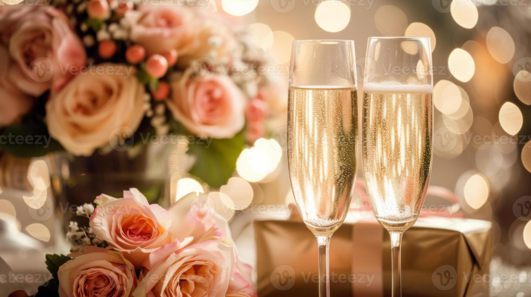ai gerado dois champanhe óculos tilintar juntos dentro celebração do a aniversário, com uma lindo ramalhete do flores e a elegantemente embrulhado presente dentro a fundo. foto