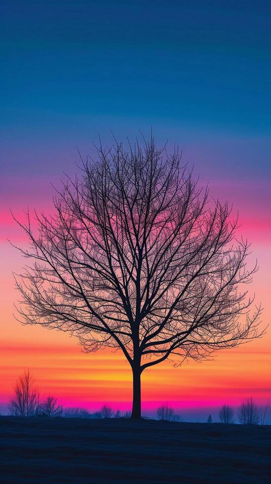 ai gerado silhueta do uma solitário árvore ou uma grupo do árvores contra a vibrante matizes do uma pôr do sol céu, fundo imagem, generativo ai foto