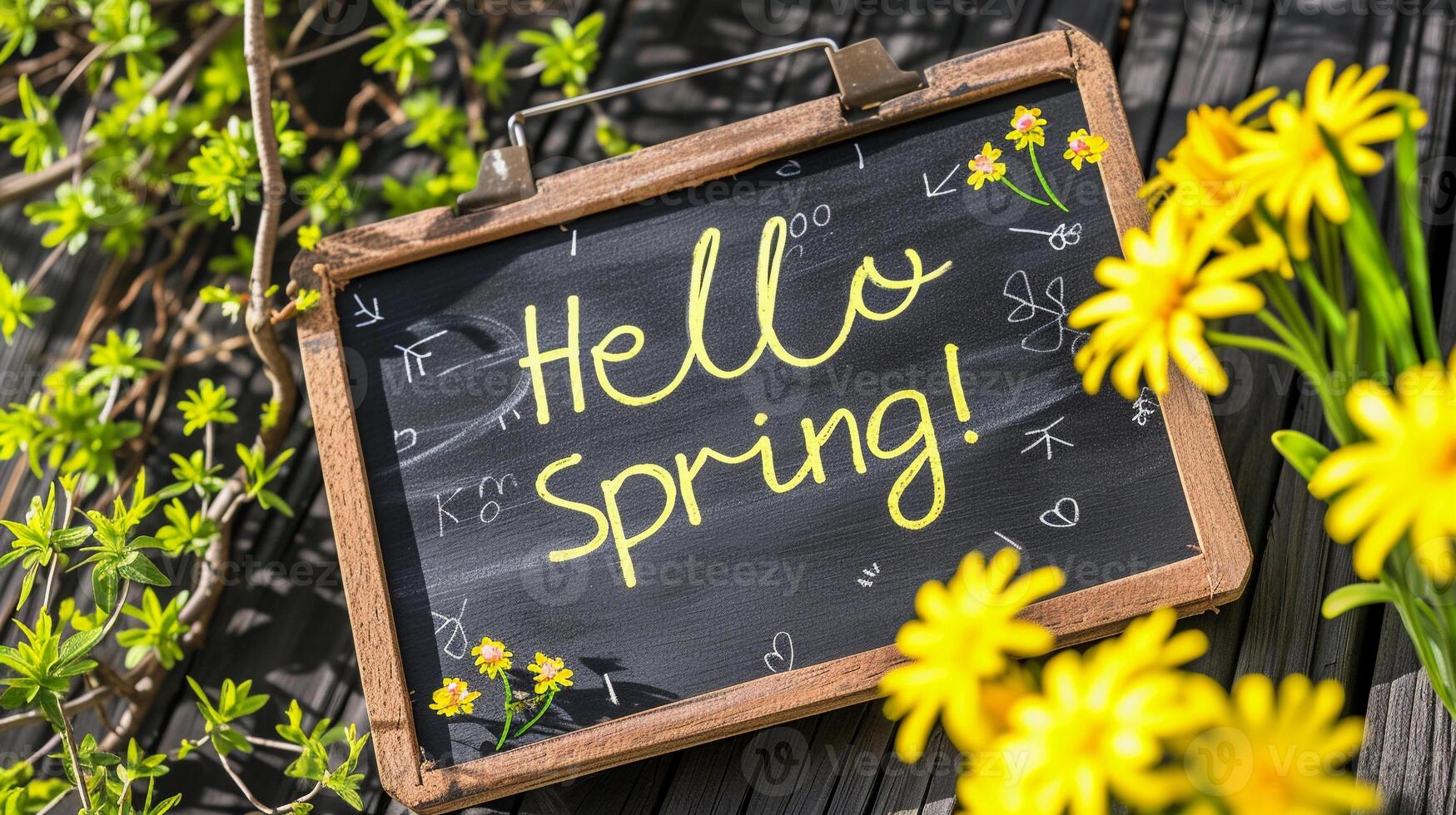 ai gerado foto do texto 'olá primavera' escrito com marcador em de madeira quadro, generativo ai