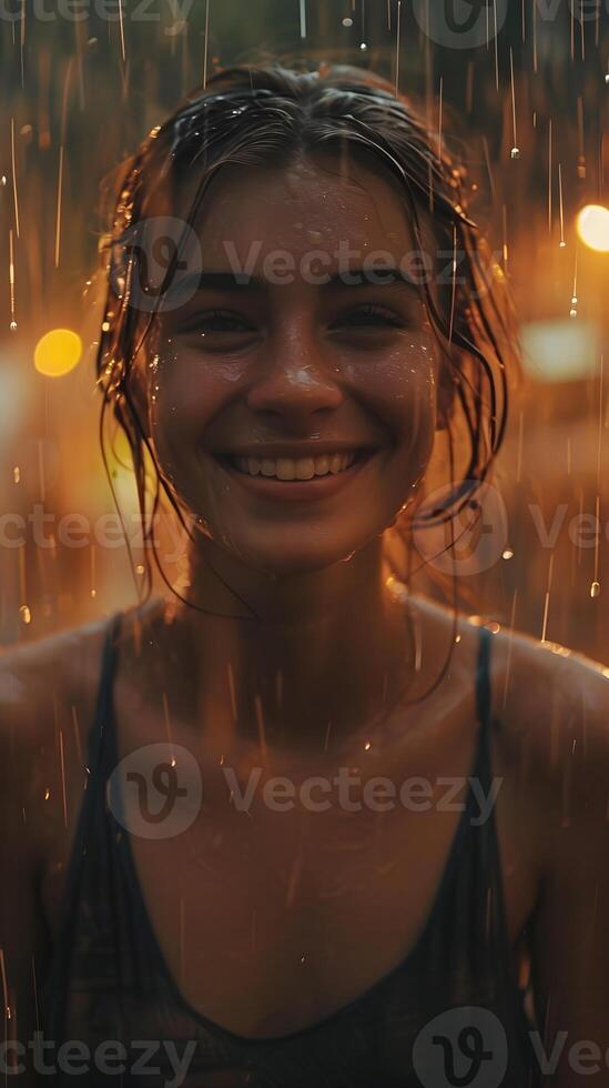 ai gerado retrato do uma sorridente jovem branco fêmea encharcado dentro pesado chuva, generativo ai, fundo imagem foto