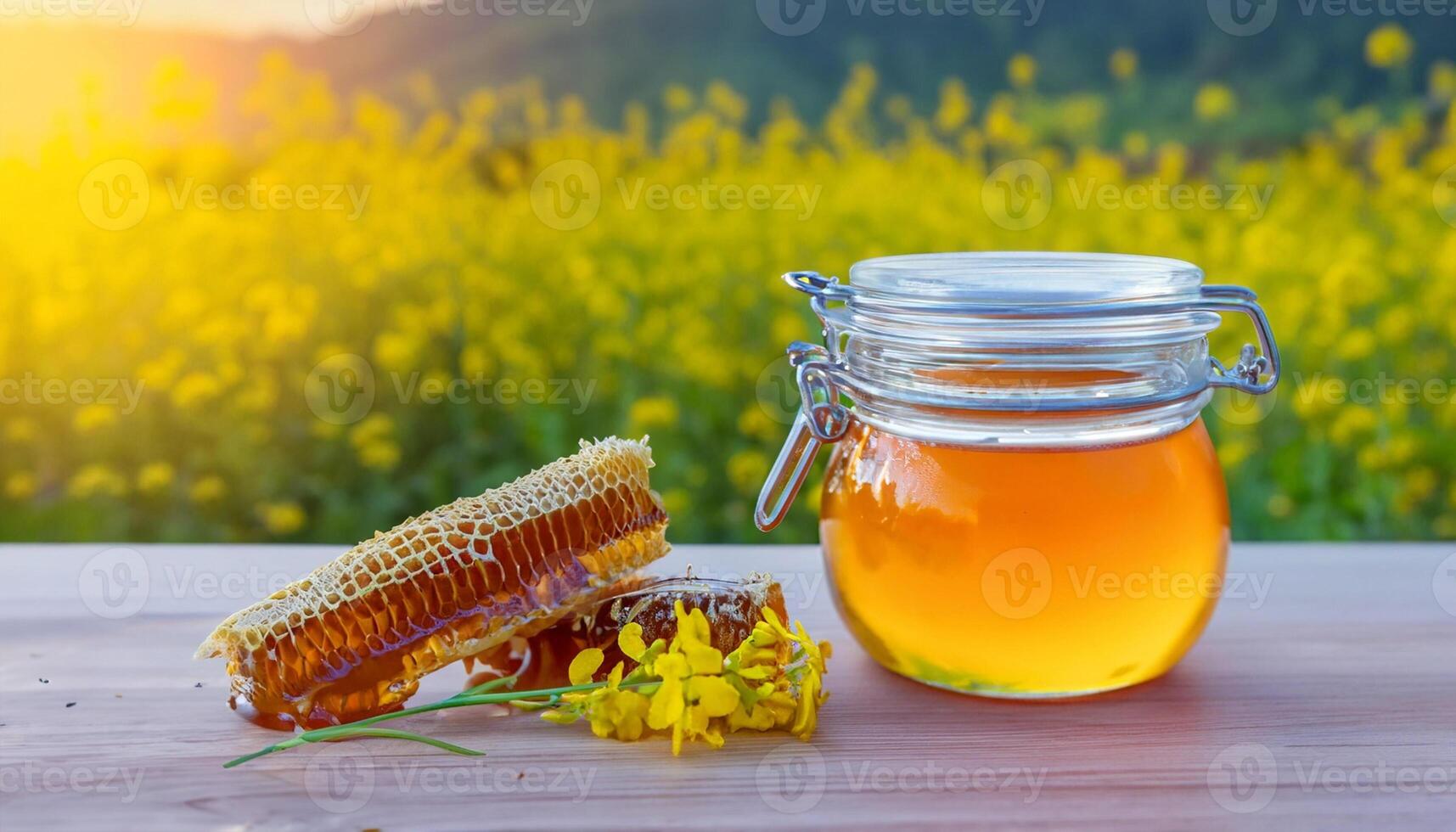ai gerado doce favo de mel e jarra do querida com bastão e mostarda flores gerado imagem foto