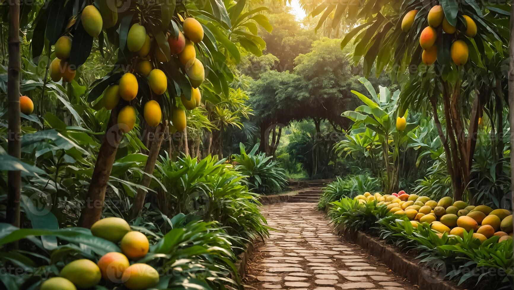 lindo beco com manga árvores dentro a jardim foto