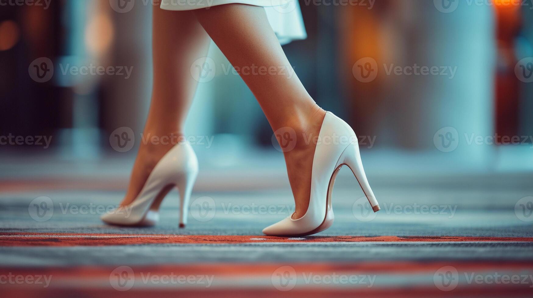 ai gerado fechar-se retrato do uma mulher pés caminhando vestindo branco Alto salto sapato, generativo ai foto