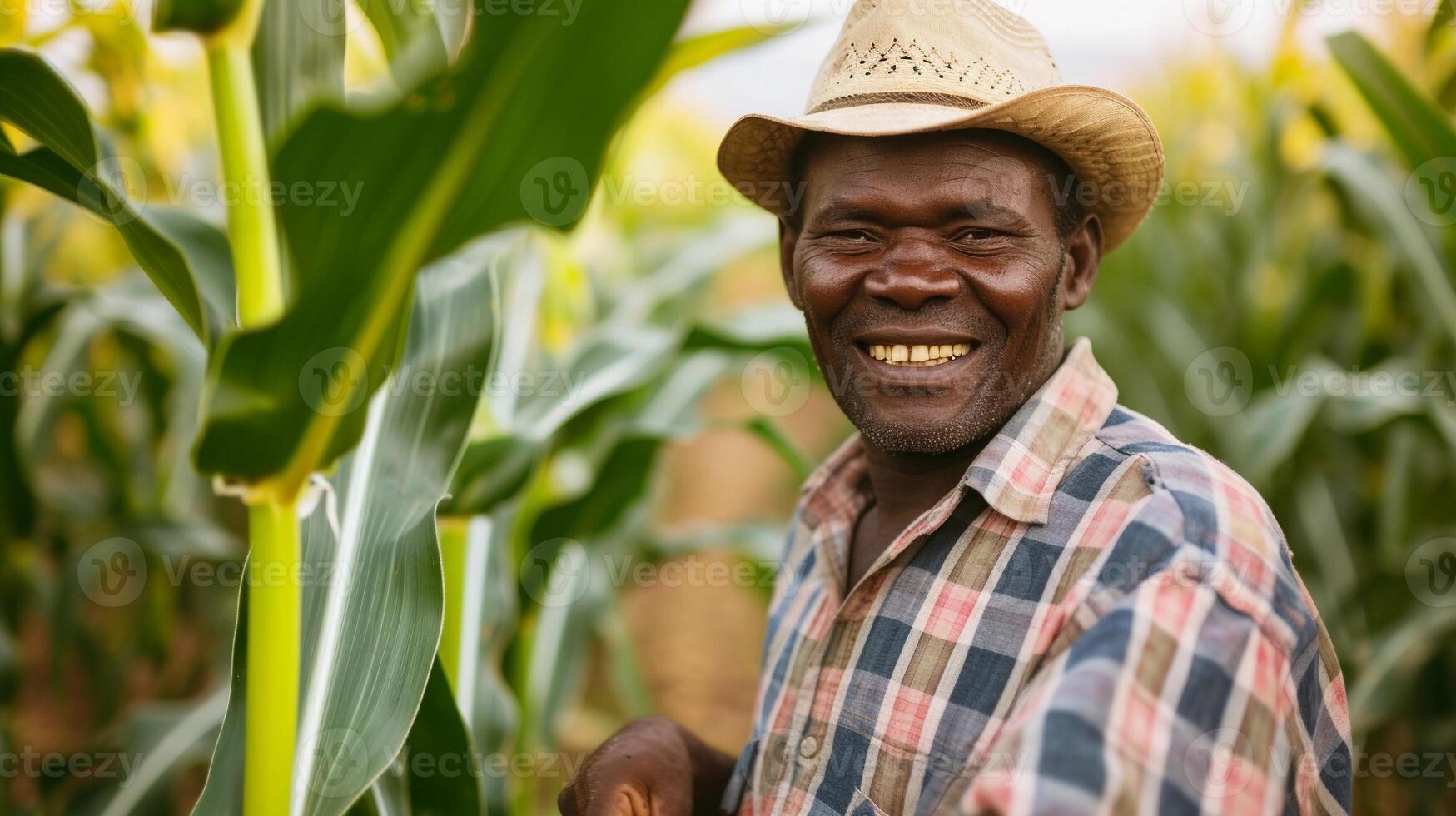 ai gerado retrato do uma sorridente Preto masculino milho agricultor trabalhando dentro dele colheita milho campo, generativo ai, fundo imagem foto