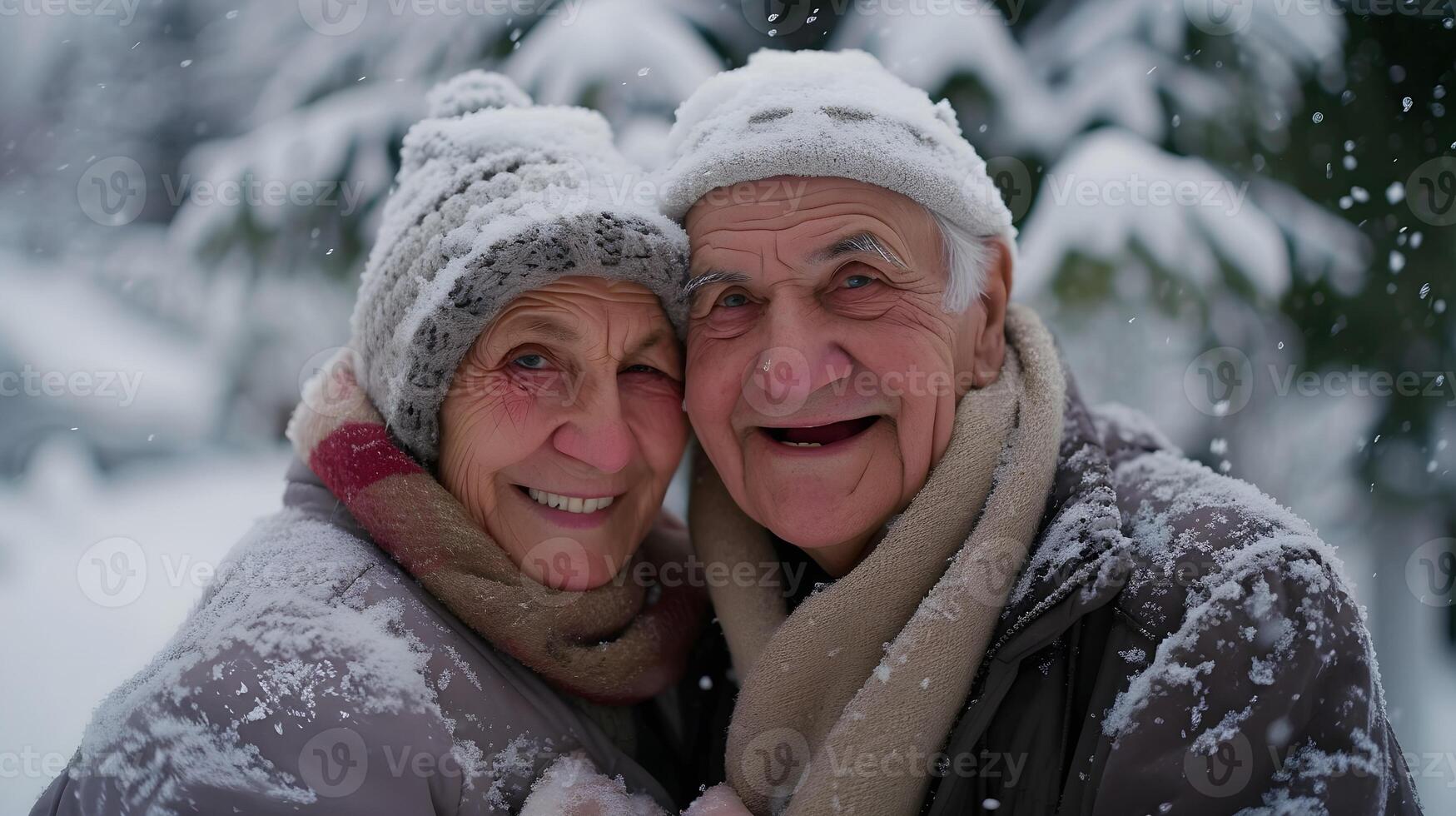 ai gerado retrato do uma feliz idosos branco casal dentro a meio do pesado queda de neve, generativo ai, fundo imagem foto