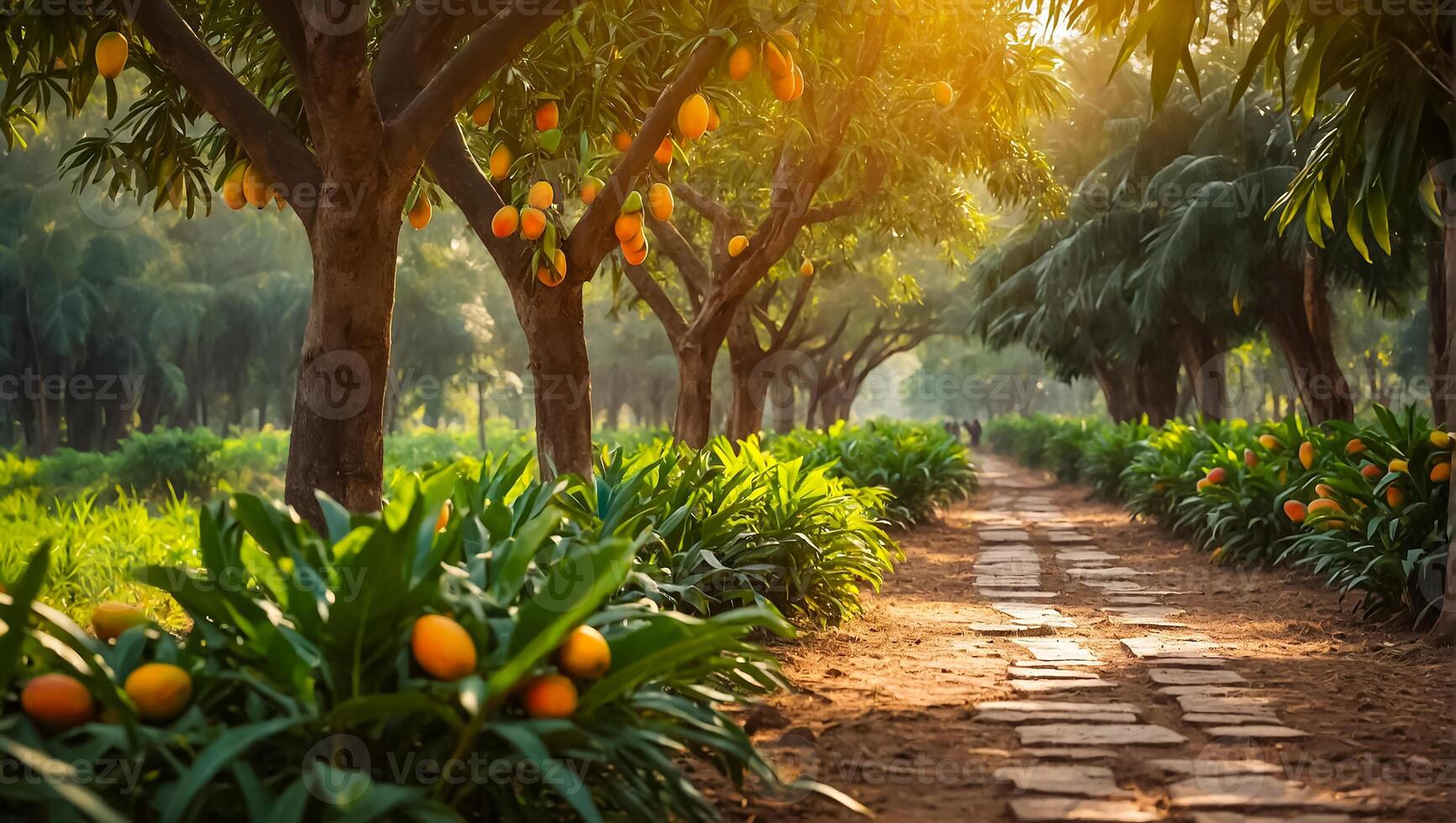 lindo beco com manga árvores dentro a jardim foto