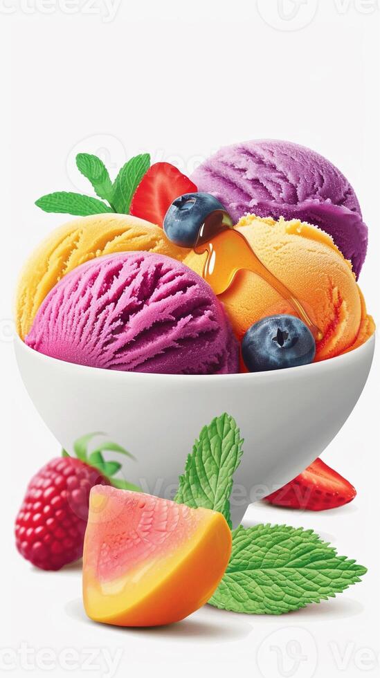 ai gerado fresco e frutado, uma tigela do vibrante sorvete fez com real fruta pedaços, generativo ai foto