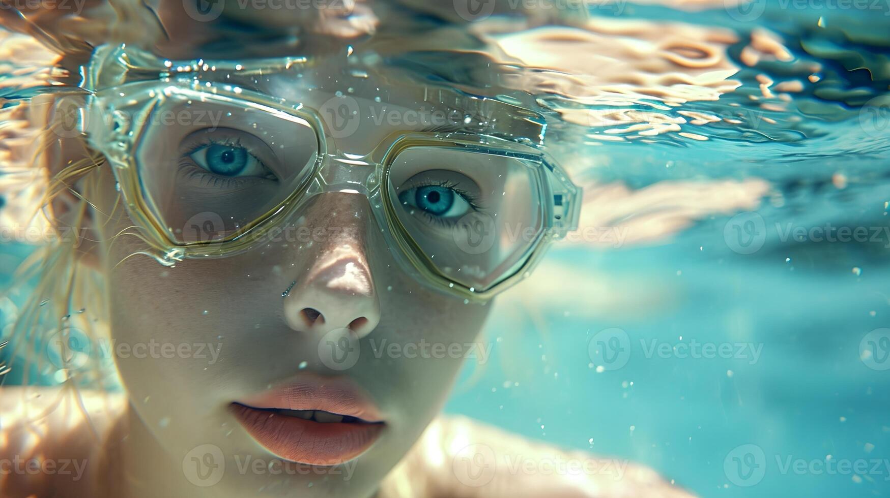 ai gerado rio embaixo da agua retrato do uma Loiras jovem branco mulher vestindo natação óculos, generativo ai, fundo imagem foto