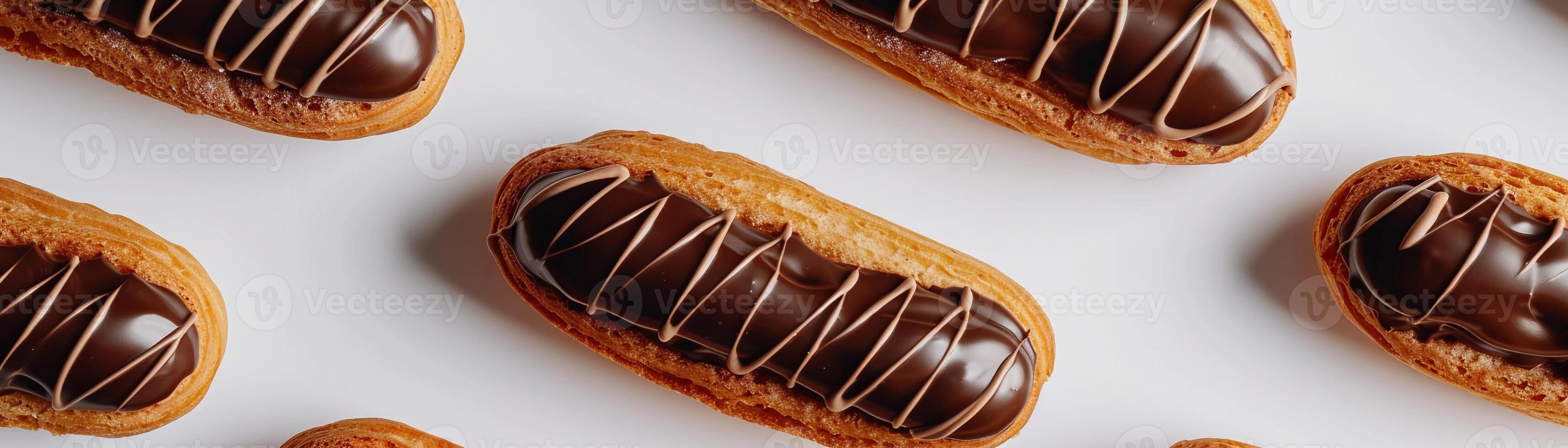 ai gerado éclairs, alinhar do com cobertura de chocolate eclairs preenchidas com cremoso pastelaria creme, fundo imagem, generativo ai foto