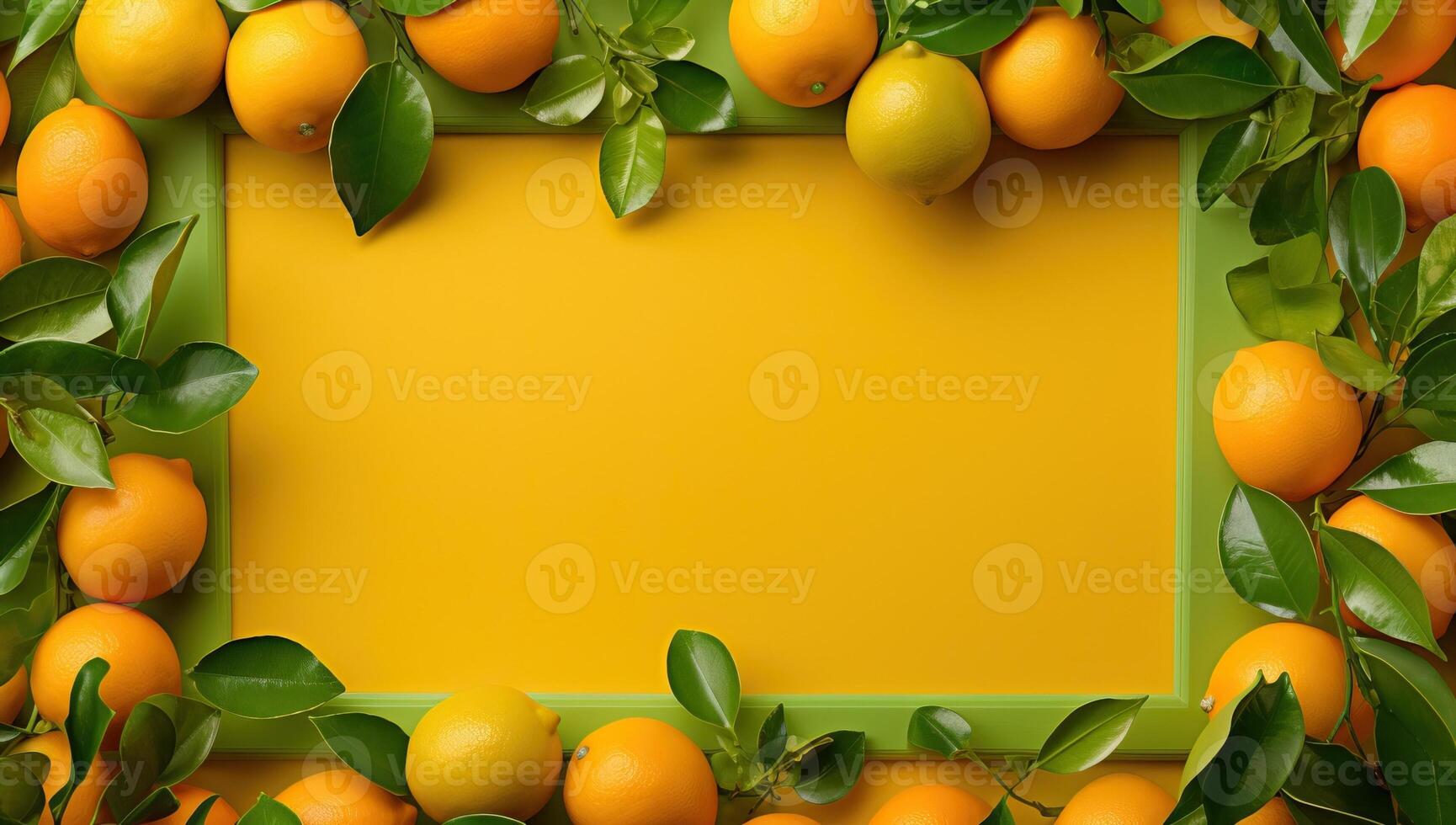 ai gerado fresco tangerinas formando uma quadro, Armação em uma amarelo fundo foto