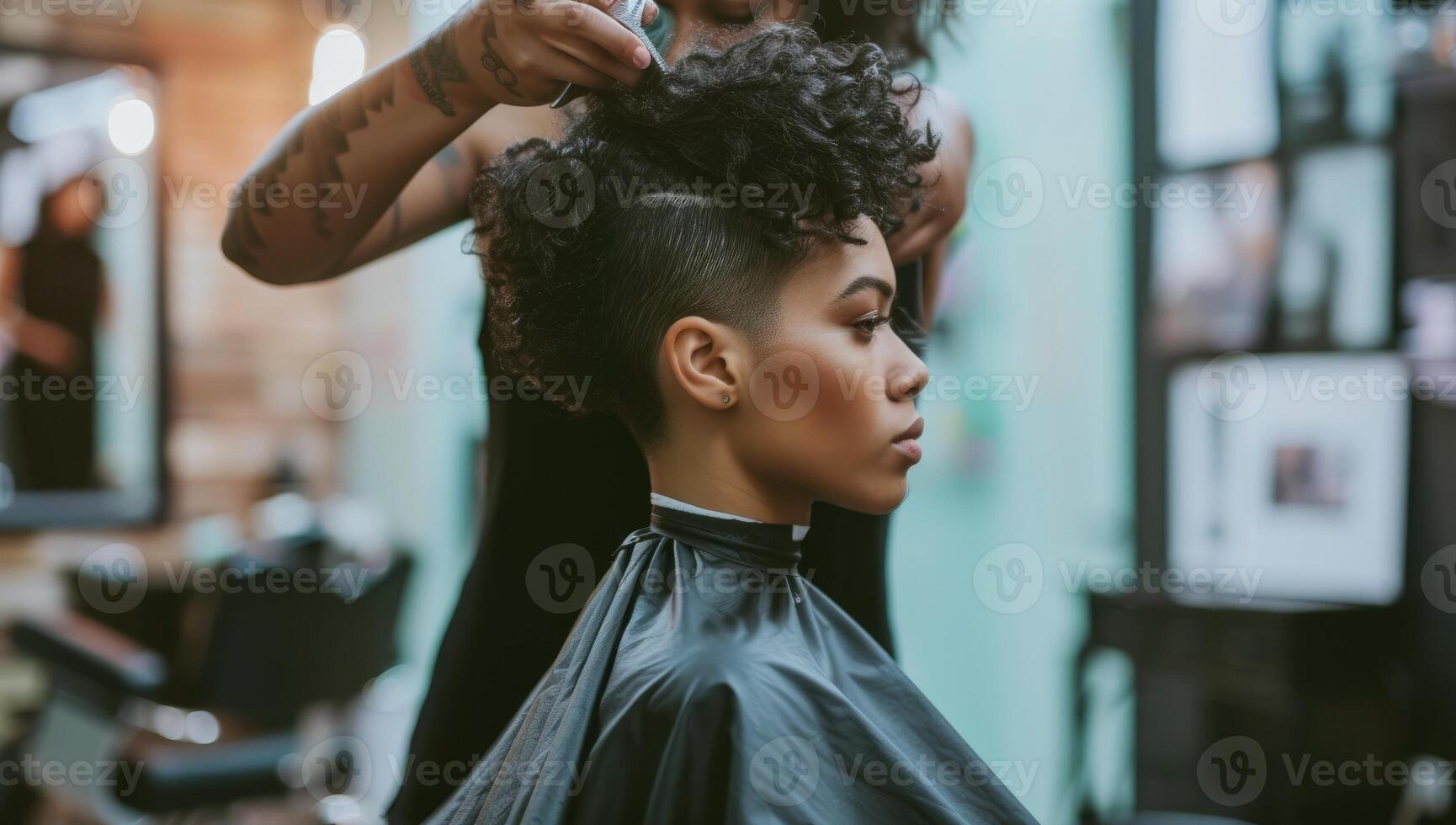 ai gerado lado Visão do africano americano mulher obtendo corte de cabelo de cabeleireiro dentro beleza salão foto