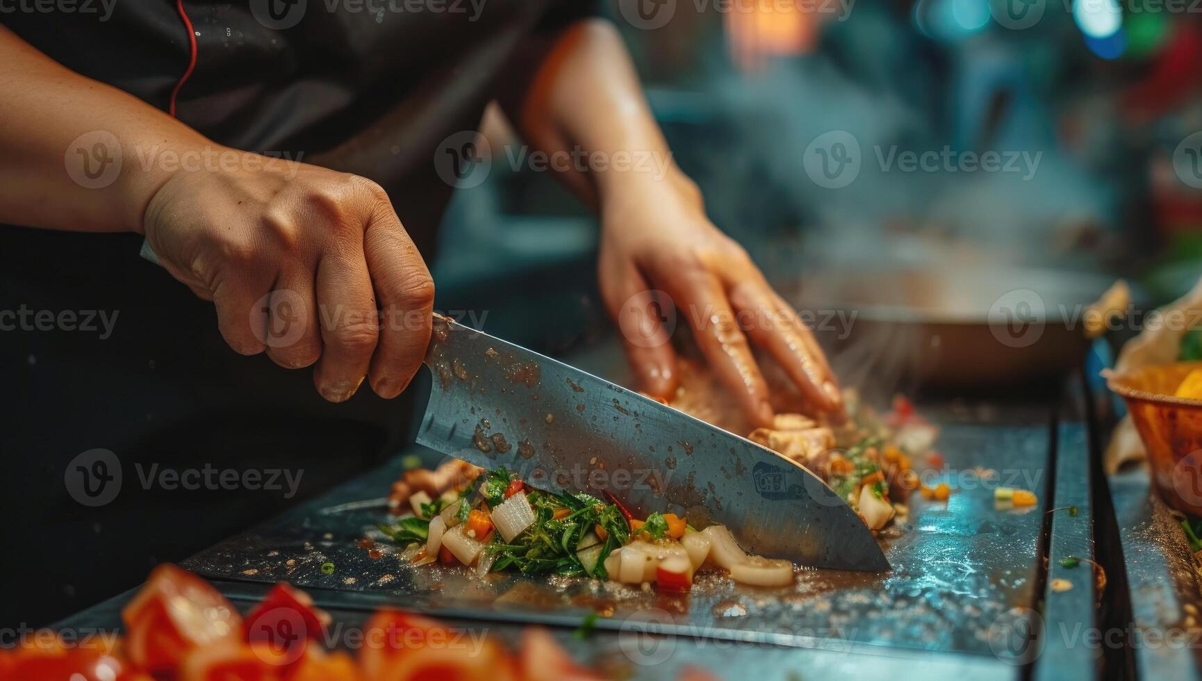 ai gerado chefe de cozinha preparando uma refeição dentro uma restaurante cozinha. chefe de cozinha às trabalhos foto