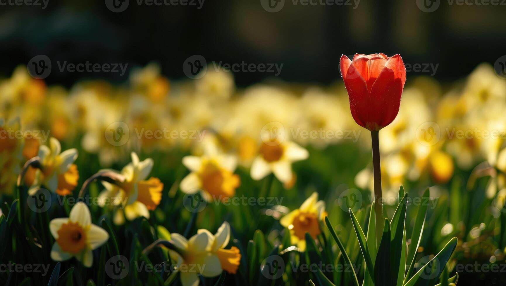 ai gerado solteiro vermelho tulipa em pé alta no meio uma campo do florescendo amarelo narcisos banhado dentro luz solar foto