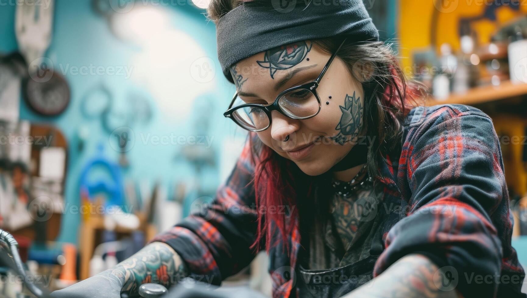 ai gerado tatuagem artista às trabalhos dentro uma estúdio foto
