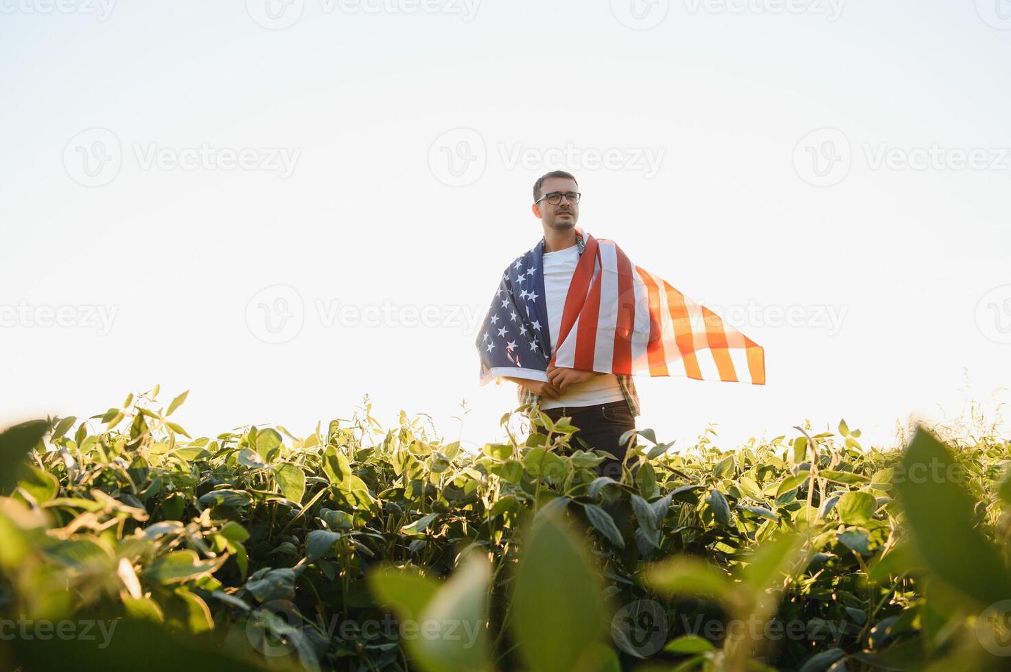 uma jovem agricultor carrinhos com uma EUA bandeira dentro uma soja campo. a conceito do a nos agrícola indústria. foto