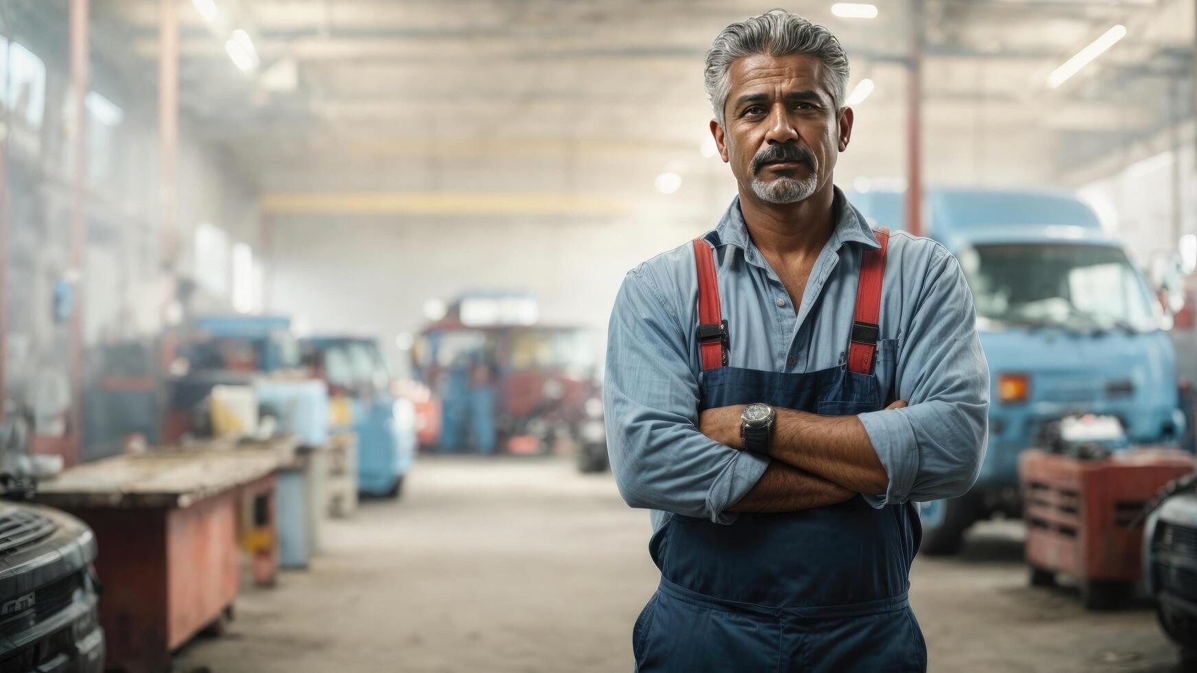 ai gerado uma homem em pé dentro frente do uma carro dentro uma garagem foto