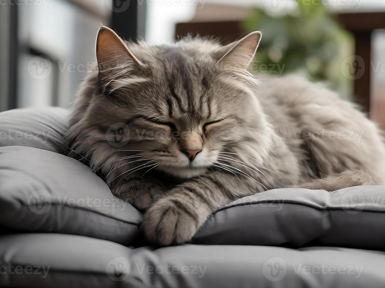 ai gerado cinzento gato dorme confortavelmente foto