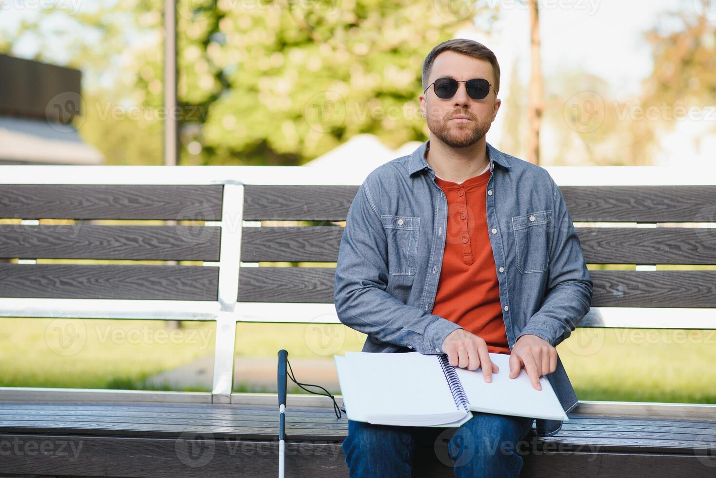 cego homem lendo livro em Banco dentro parque foto