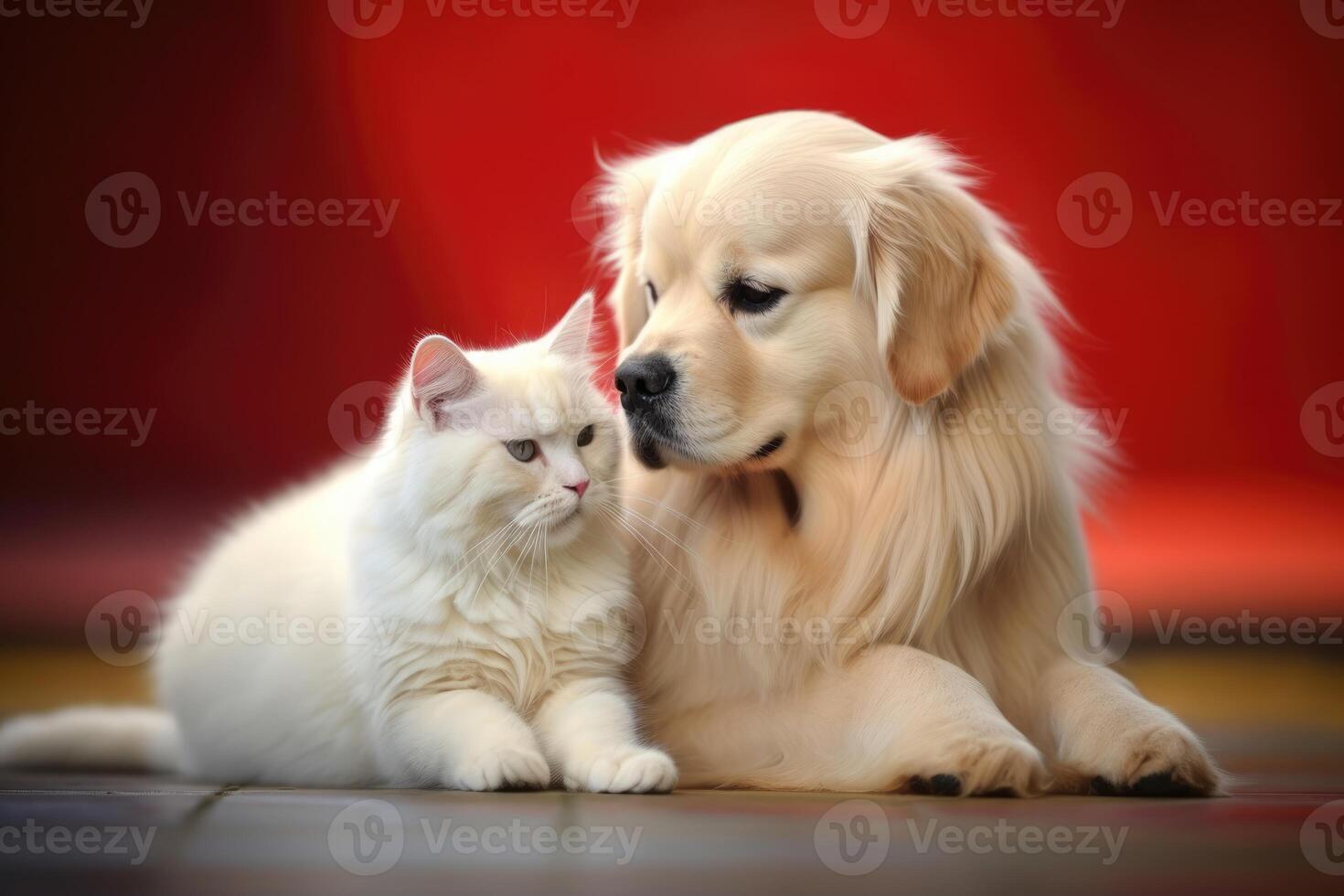 ai gerado fechar acima retrato do uma engraçado pequeno cachorro e uma gato longo uma vermelho fundo. foto