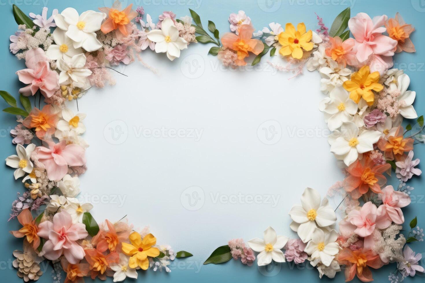 ai gerado colorida flores em azul fundo com esvaziar quadro, Armação espaço para texto. foto