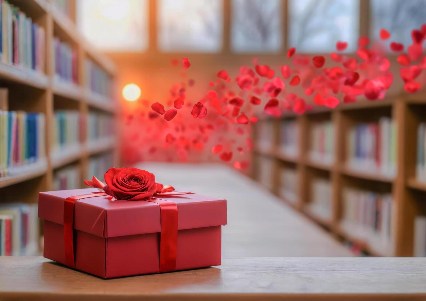 ai gerado uma vibrante ramalhete do vermelho rosas em pé alta dentro a biblioteca foto