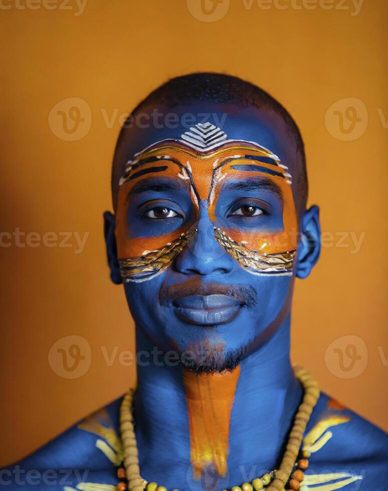 ai gerado retrato diversidade do africano com pintado face dentro indígena cultura foto