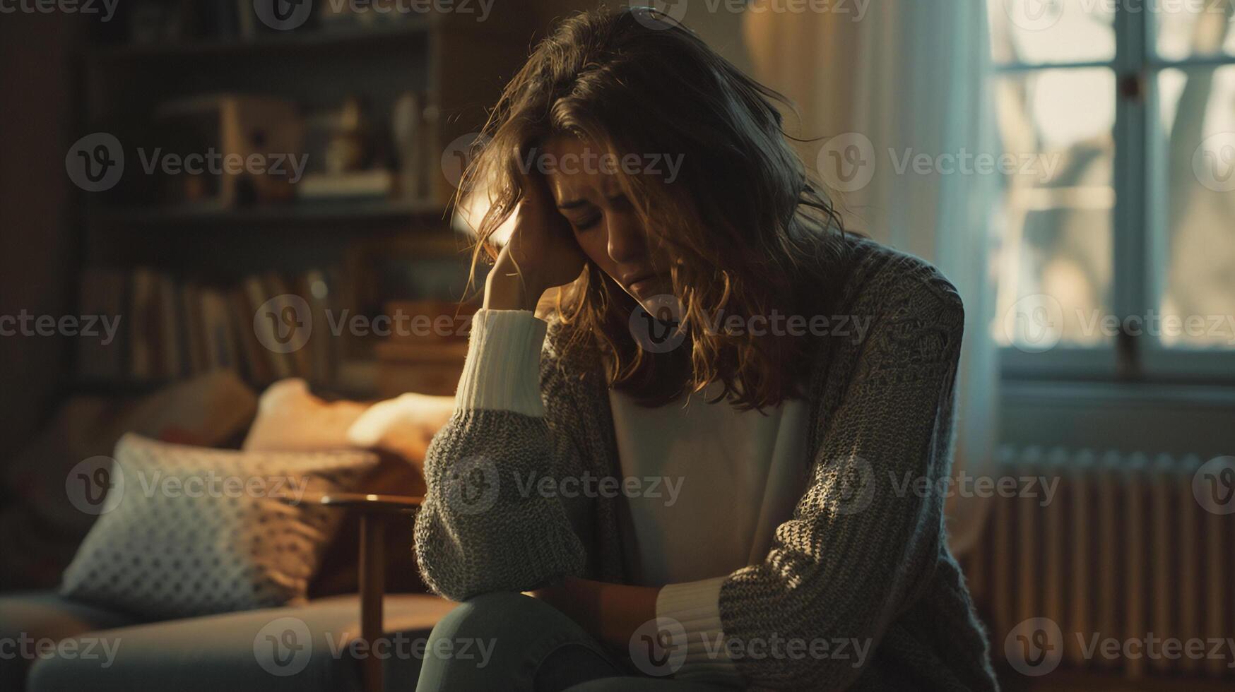 ai gerado depressivo mulher sofrido a partir de mental doença, estressado, acabado pensamento, ansiedade, mental doença conceito foto