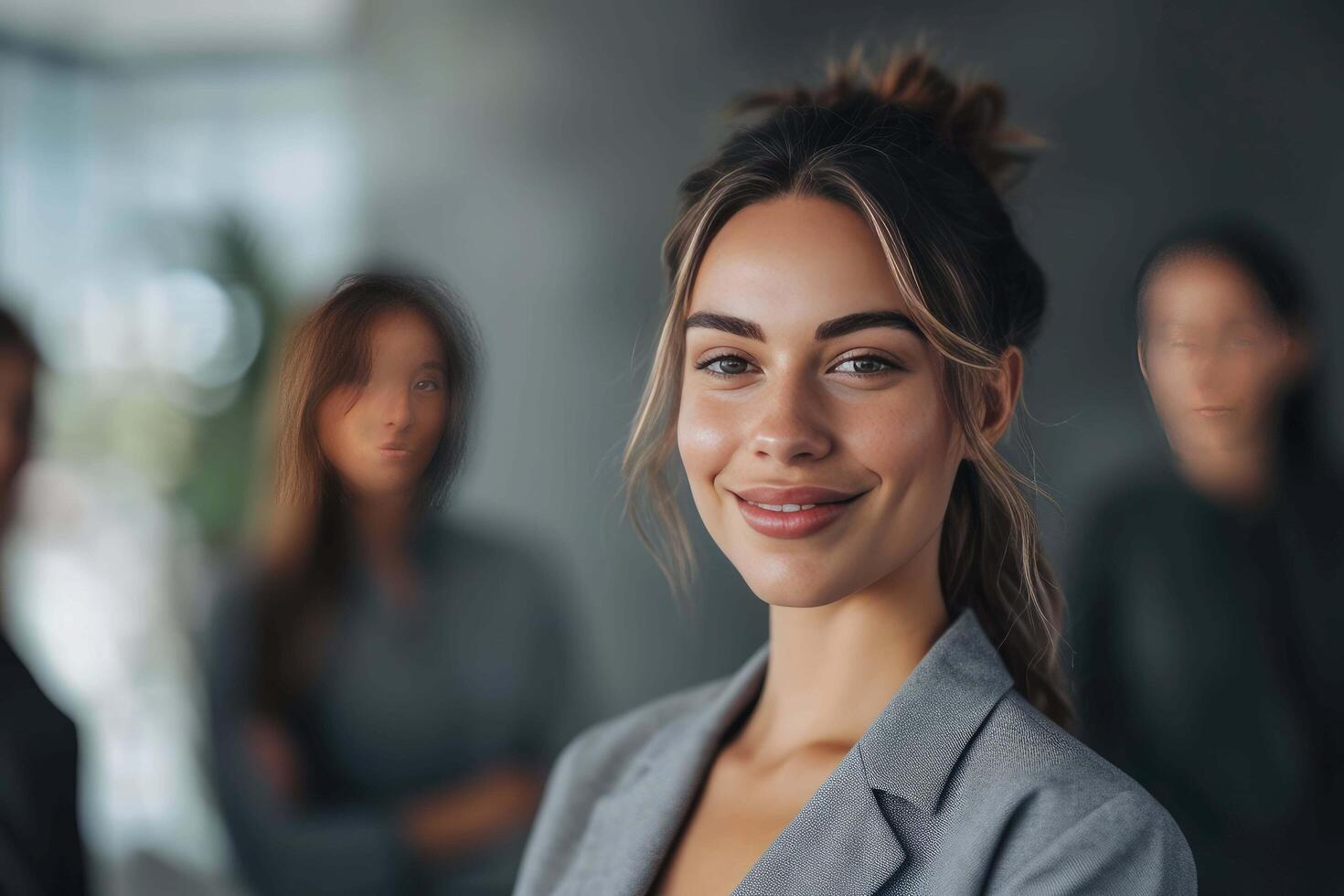 ai gerado uma o negócio mulher em pé dentro frente do dela equipe foto