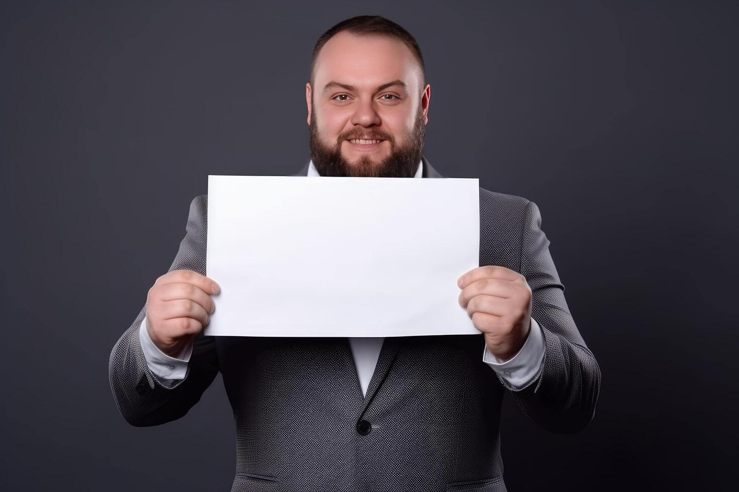 ai gerado amigáveis homem de negocios apresentando uma em branco placa para propaganda com cópia de espaço foto