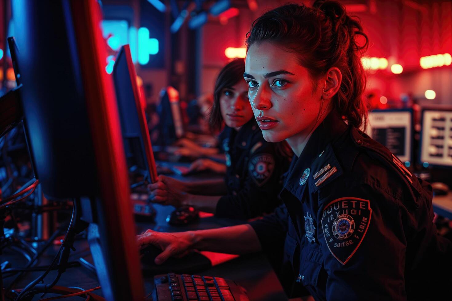 ai gerado uma mulher dentro uma polícia uniforme é trabalhando em uma computador foto