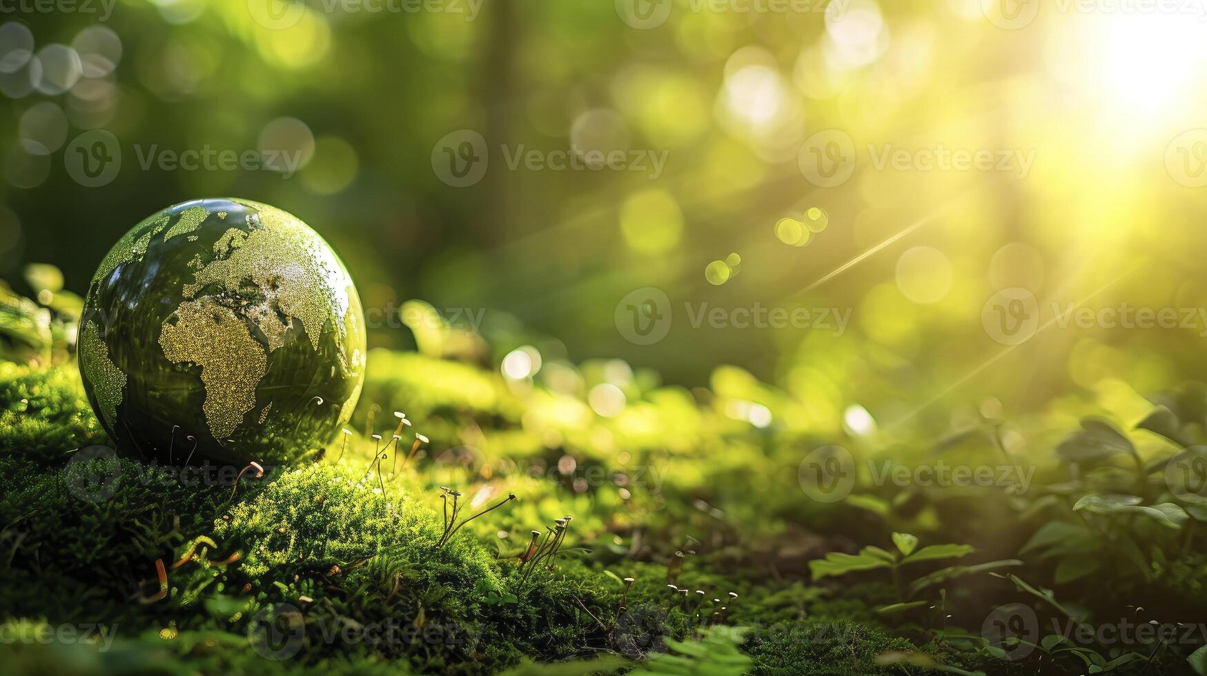 ai gerado meio Ambiente ecologia conceito - verde globo dentro floresta com musgo e luz solar foto