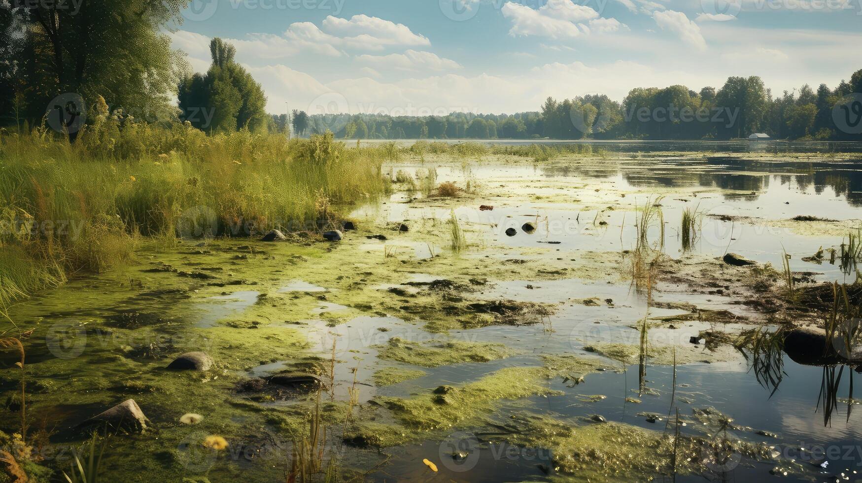 ai gerado ecossistema lago poluição ai gerado foto