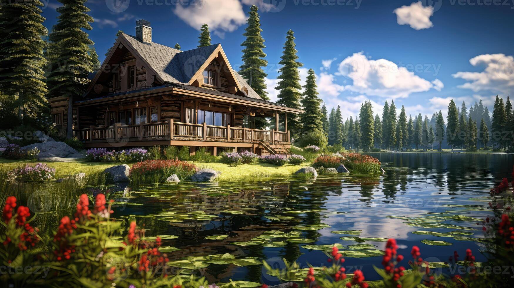 ai gerado natureza casa do lago ai gerado foto