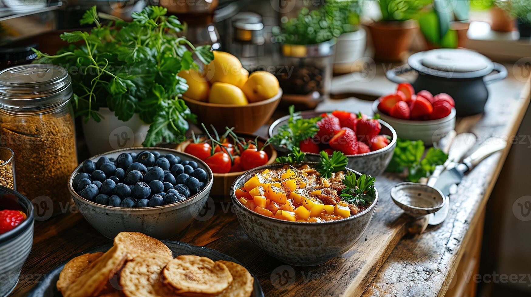 ai gerado cheio de nutrientes café da manhã mesa uma variedade do fresco frutas e nozes para uma saudável começar foto