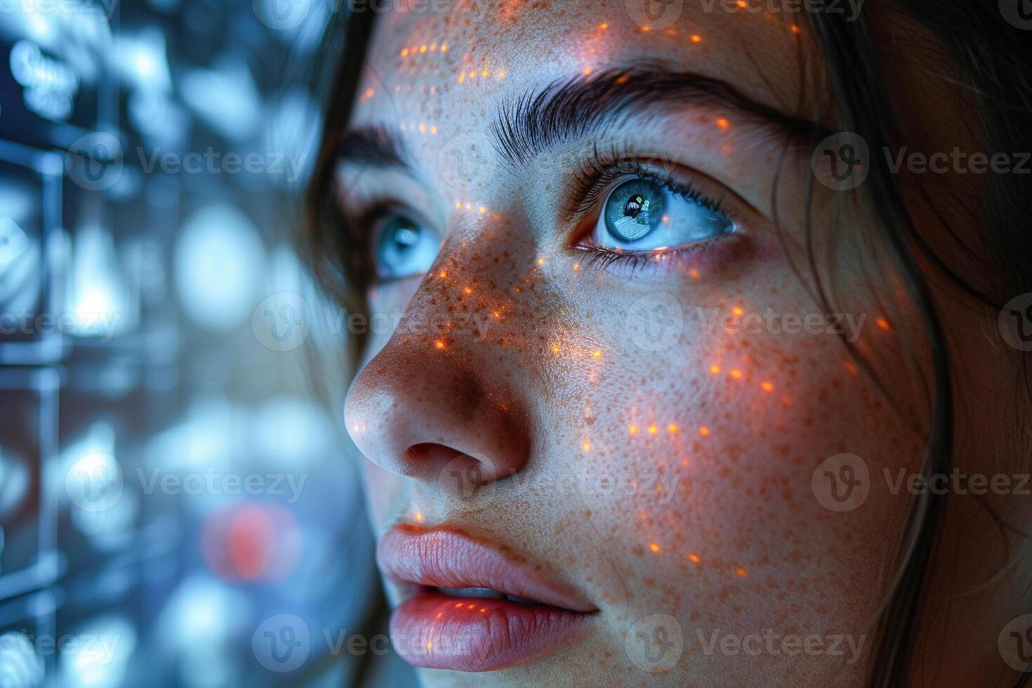 ai gerado fechar-se do uma mulher olho refletindo abstrato digital dados padrões foto
