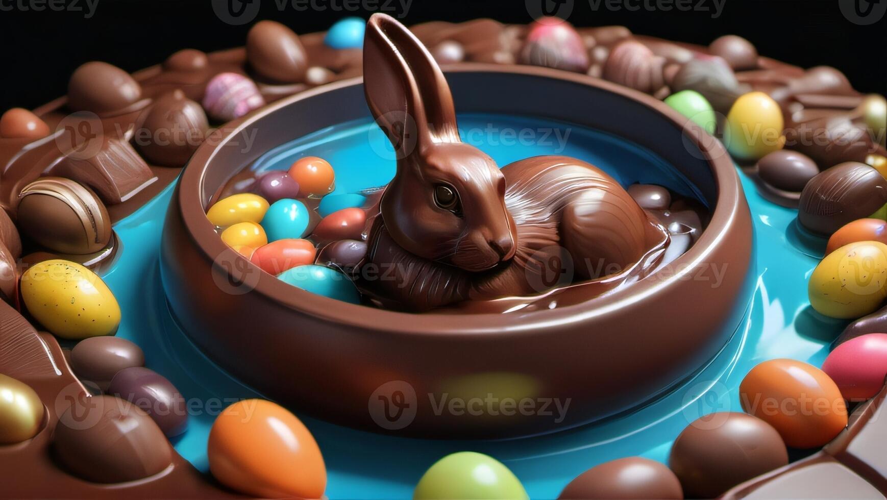 ai gerado foto do ultradetalhado 3d chocolate Páscoa Coelho natação dentro uma piscina do chocolate e doces. ai gerado