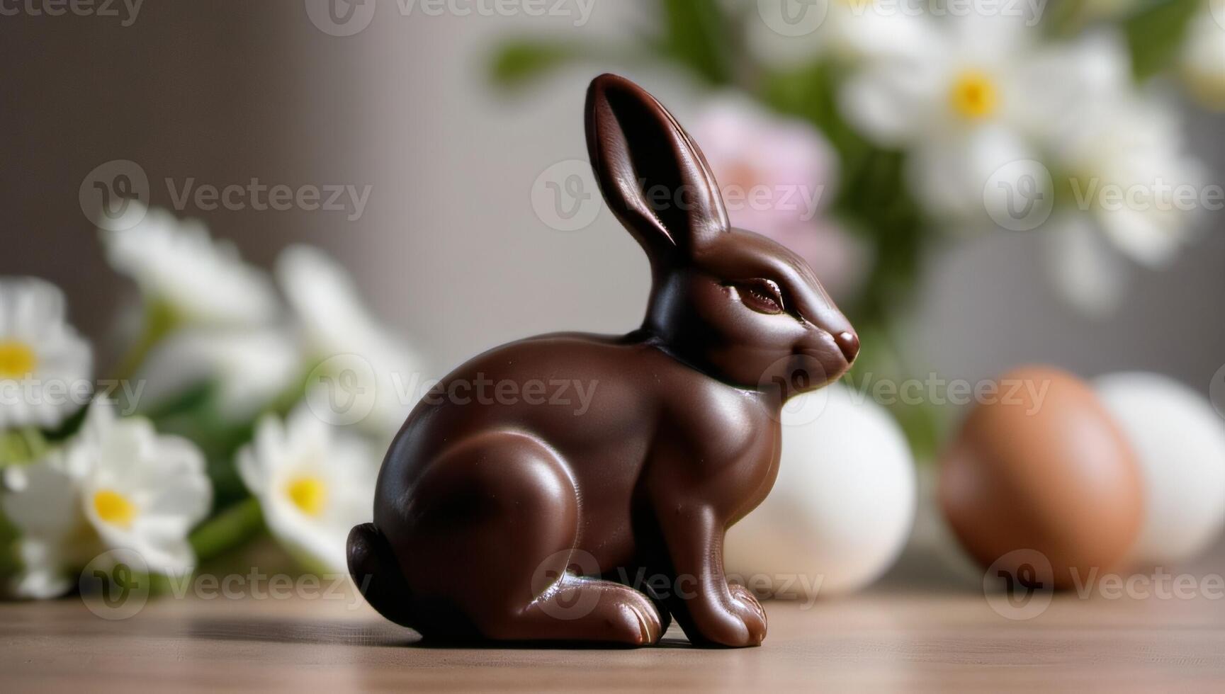 ai gerado foto do uma chocolate Coelho estatueta sentado Próximo para a Páscoa ovo em uma mesa com branco flores dentro a fundo. ai gerado
