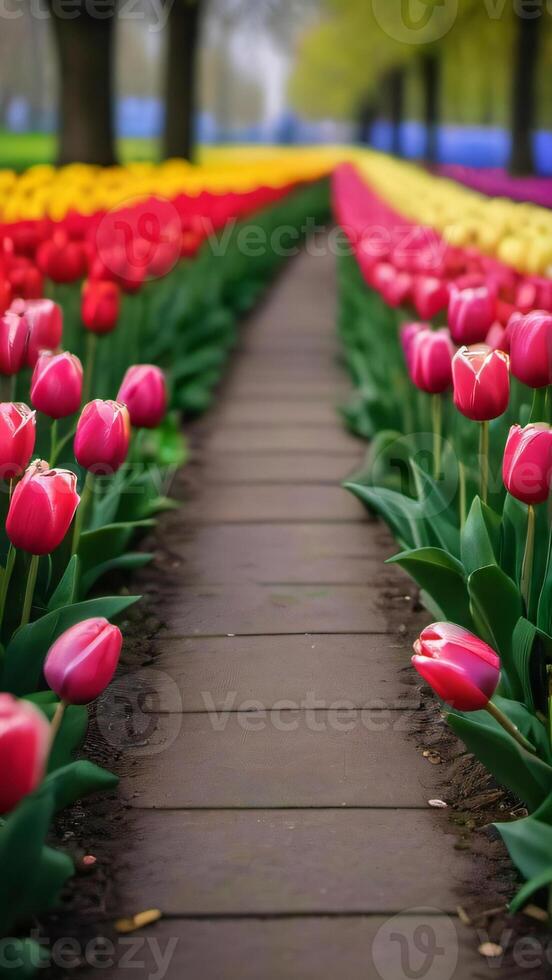 ai gerado foto do uma caminho cercado de colorida tulipas. ai gerado