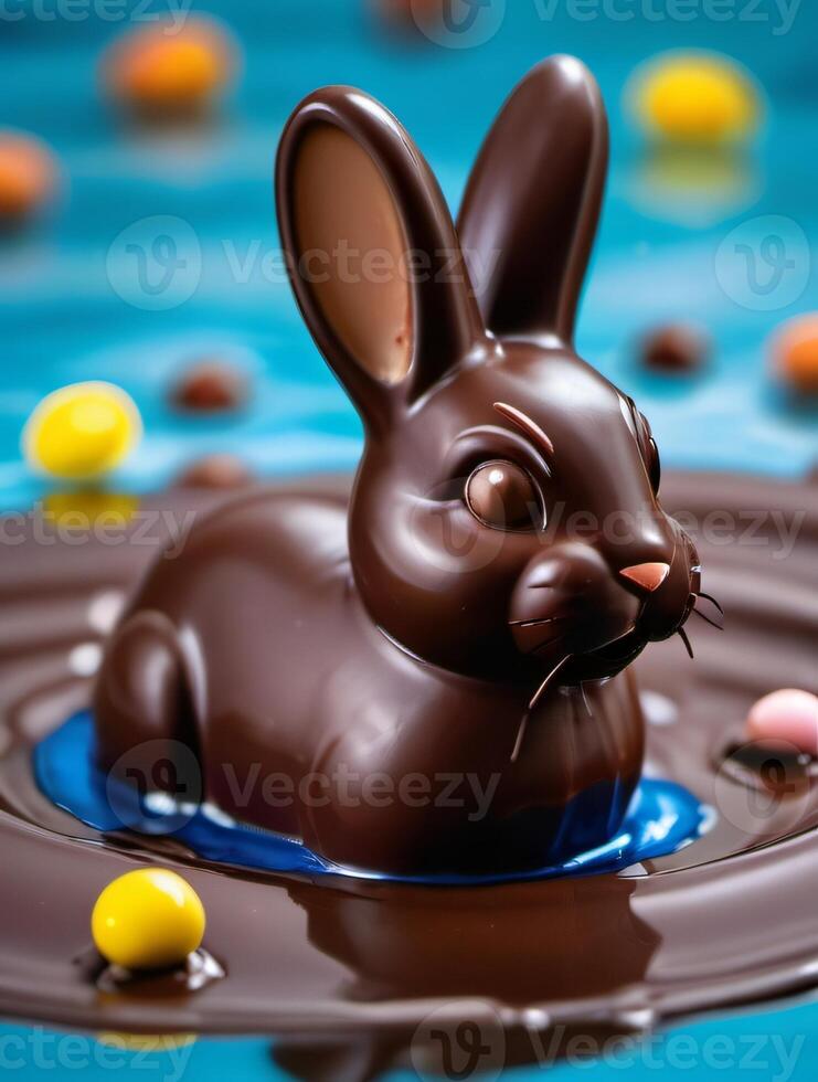 ai gerado foto do coberto de chocolate Páscoa Coelho natação dentro uma piscina do chocolate. ai gerado