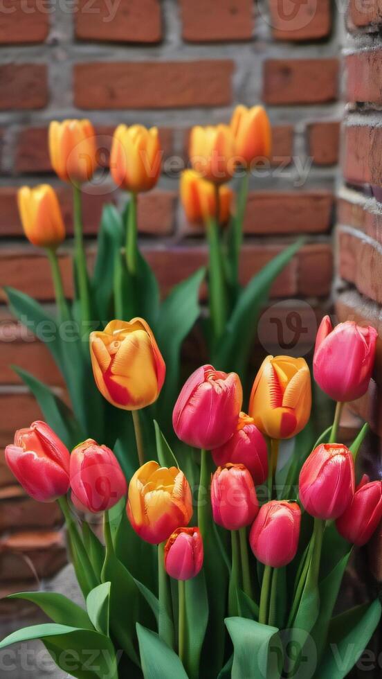 ai gerado foto do muitos em vaso tulipas estão florescendo dentro frente do a tijolo parede fundo imagem. ai gerado