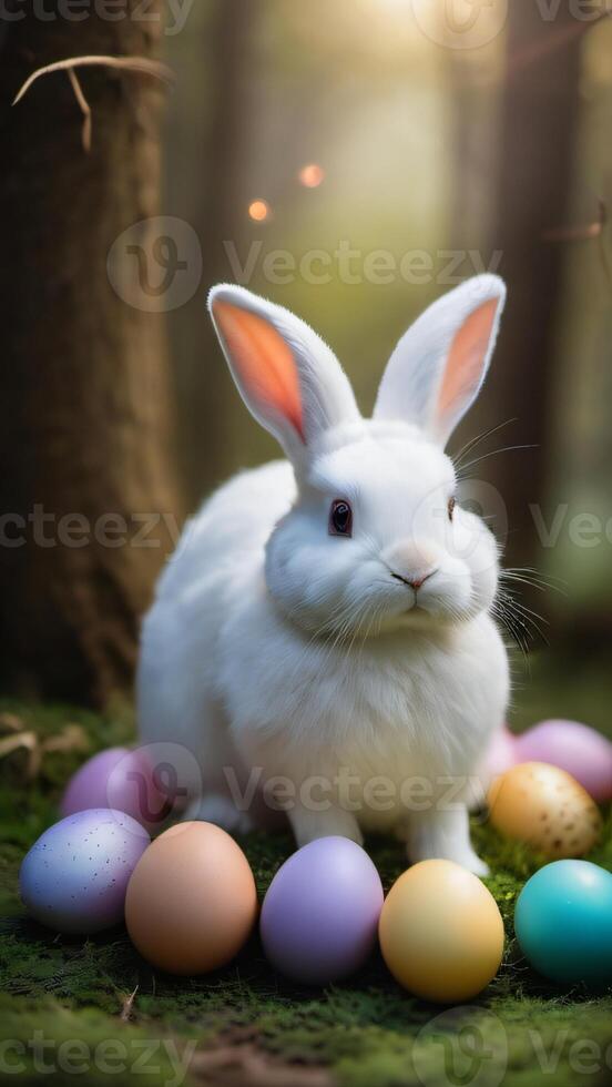 ai gerado foto do encantado Páscoa bosque caprichoso branco Coelho no meio uma mágico ovo recheado Husa. ai gerado