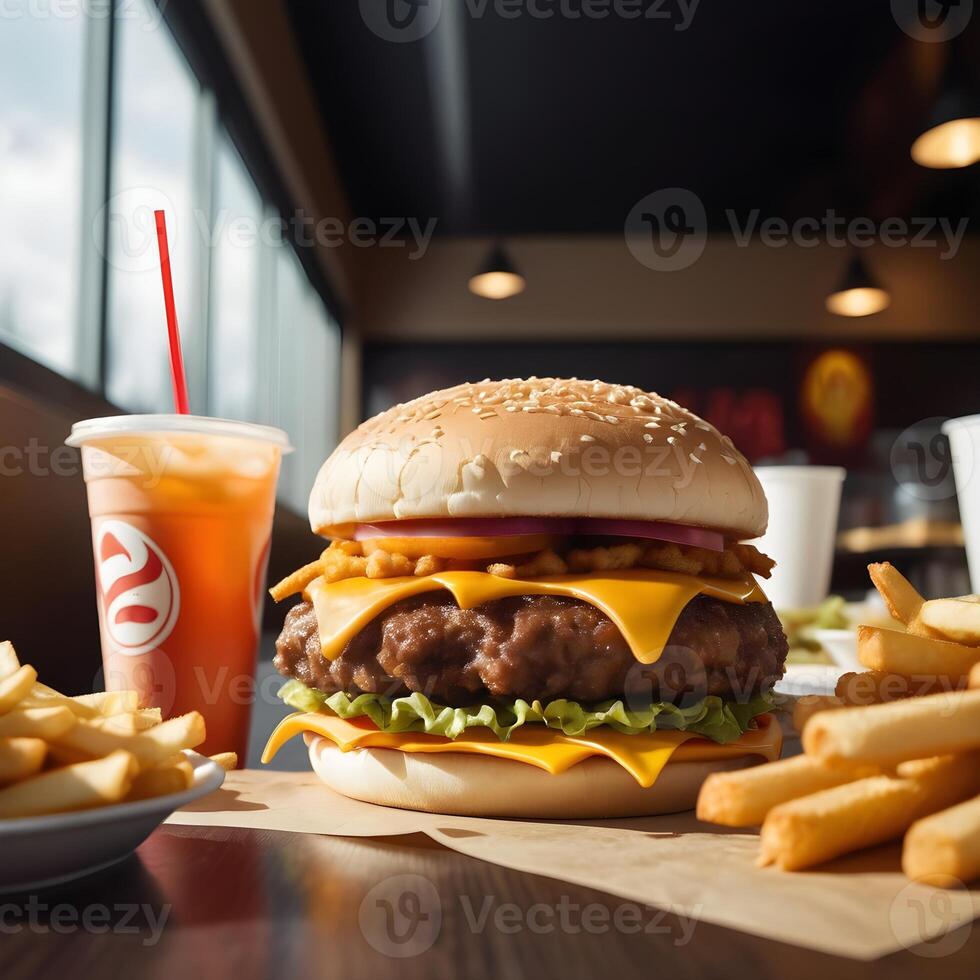 velozes Comida hambúrguer, fritas e beber foto