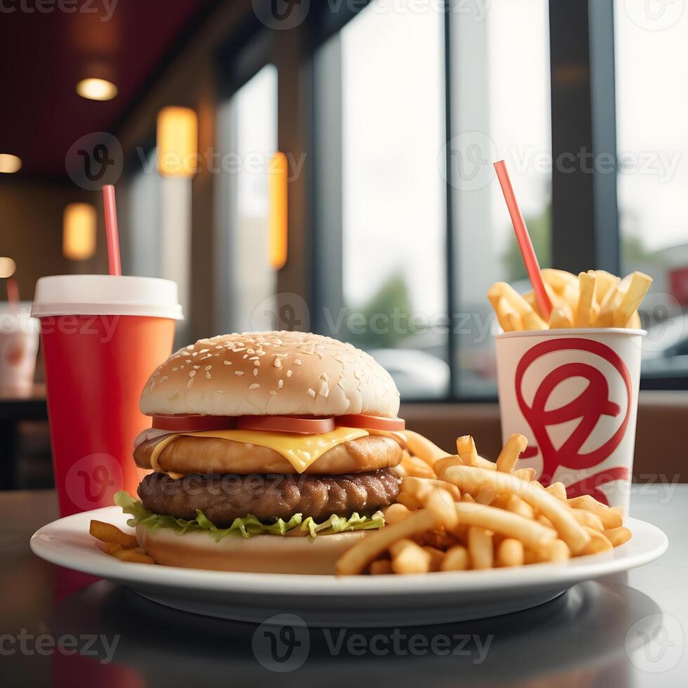 velozes Comida hambúrguer, fritas e beber foto