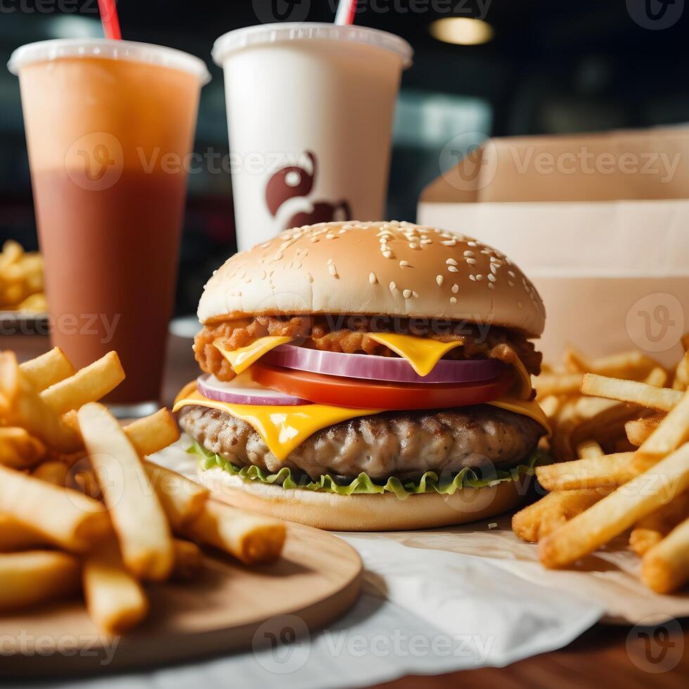 velozes Comida hambúrguer, fritas e beber foto