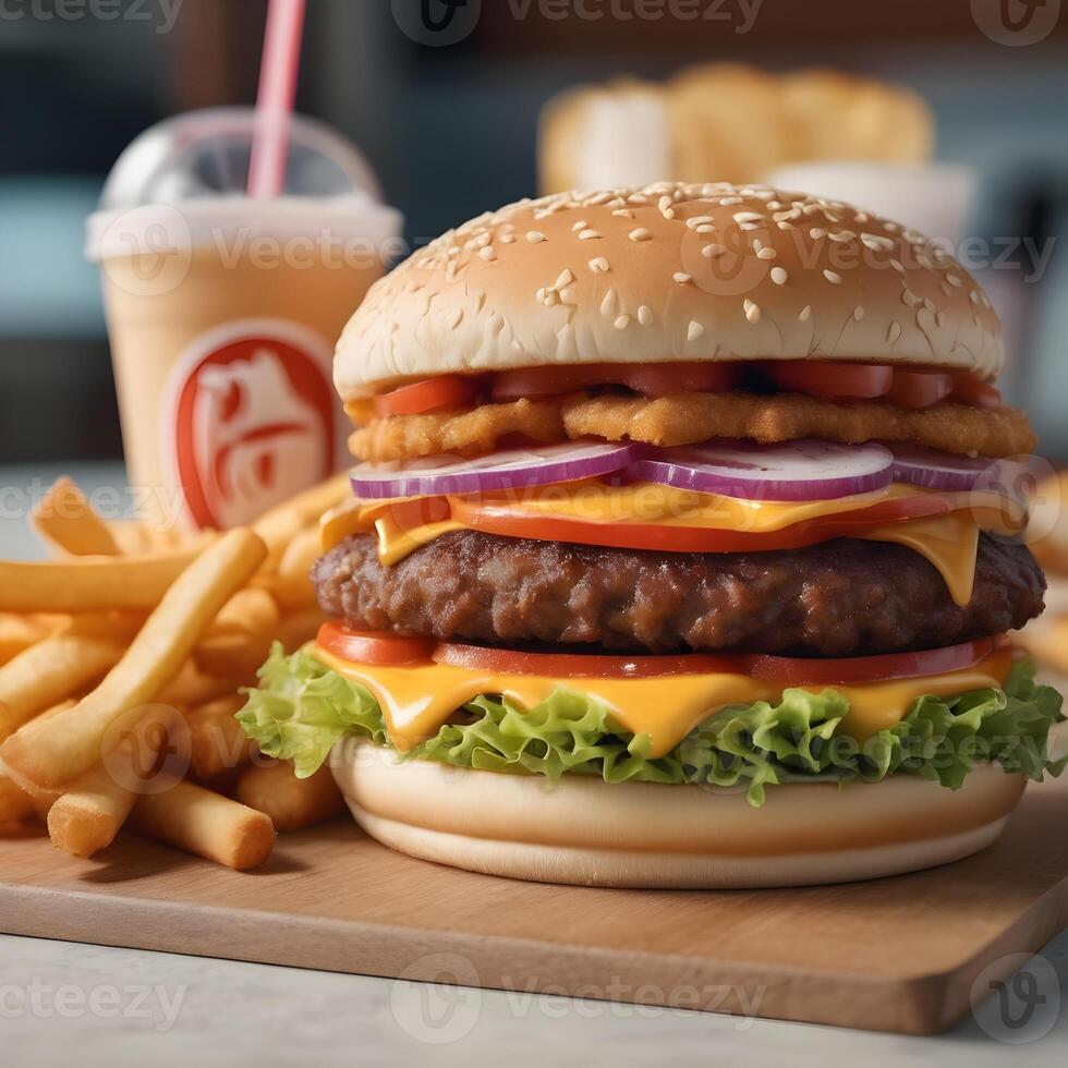 velozes Comida hambúrguer, fritas e beber foto