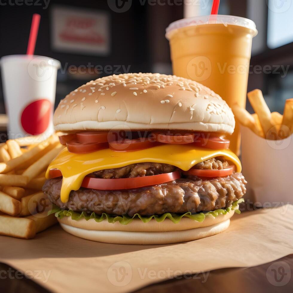 velozes Comida hambúrguer, fritas e beber foto