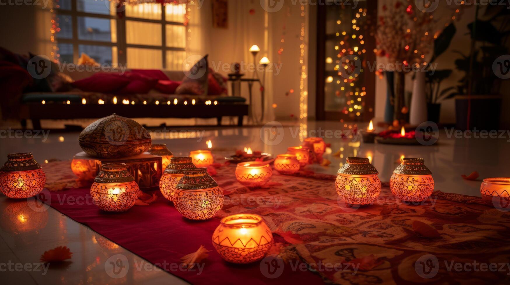 ai gerado diwali luzes adornando uma casa interior foto