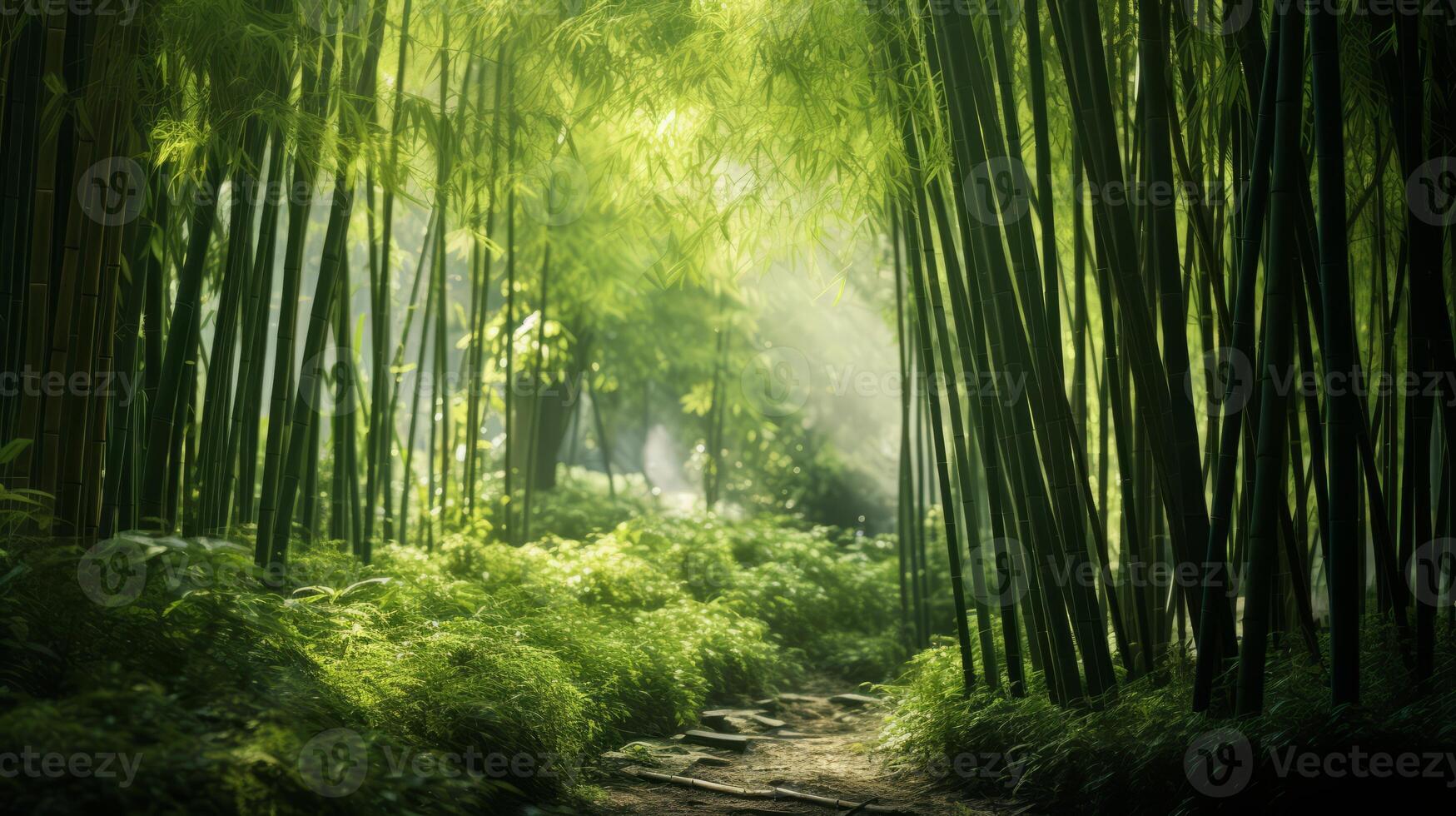 ai gerado uma tranquilo bambu floresta com manchado luz solar foto